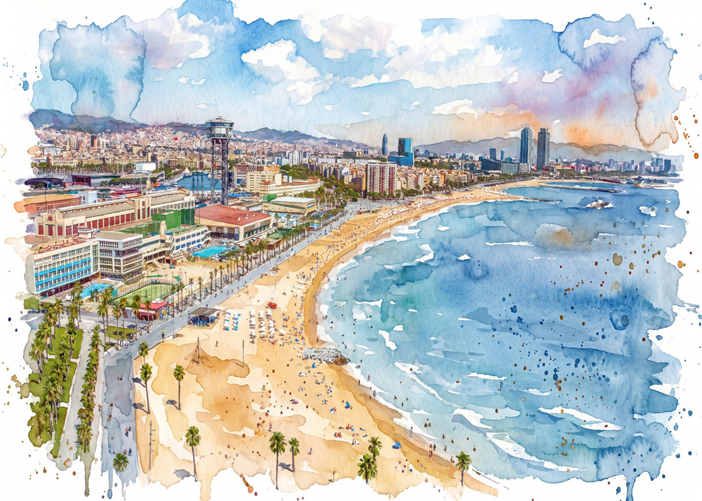 Cuadro Playa de Barcelona efecto acuarela