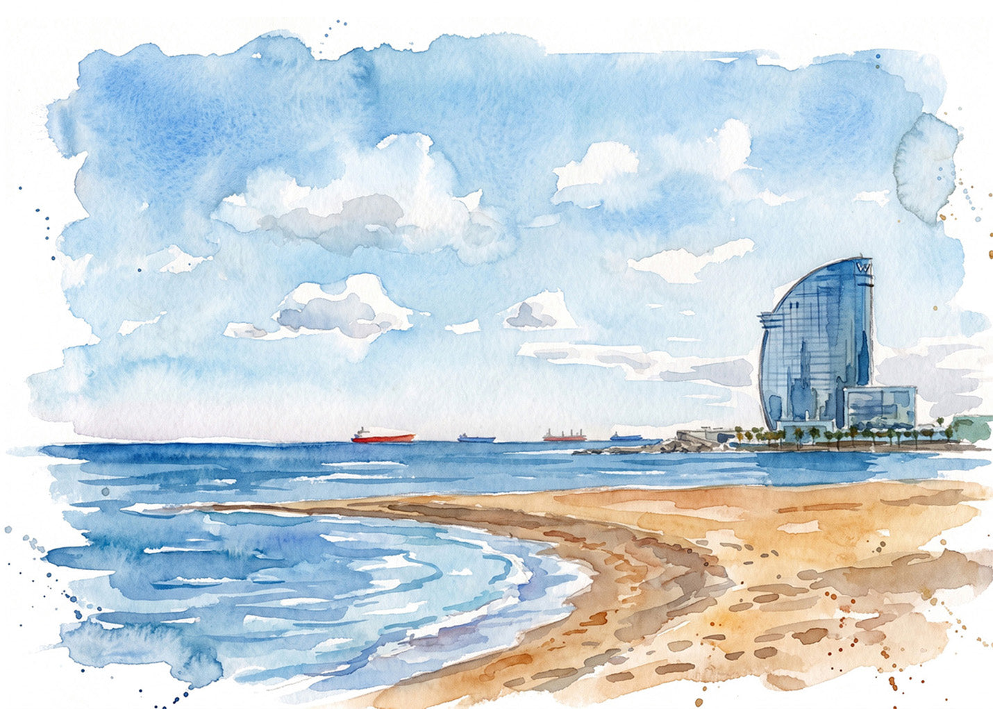 Cuadro Playa de La Barceloneta efecto acuarela