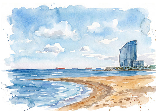 Cuadro Playa de La Barceloneta efecto acuarela