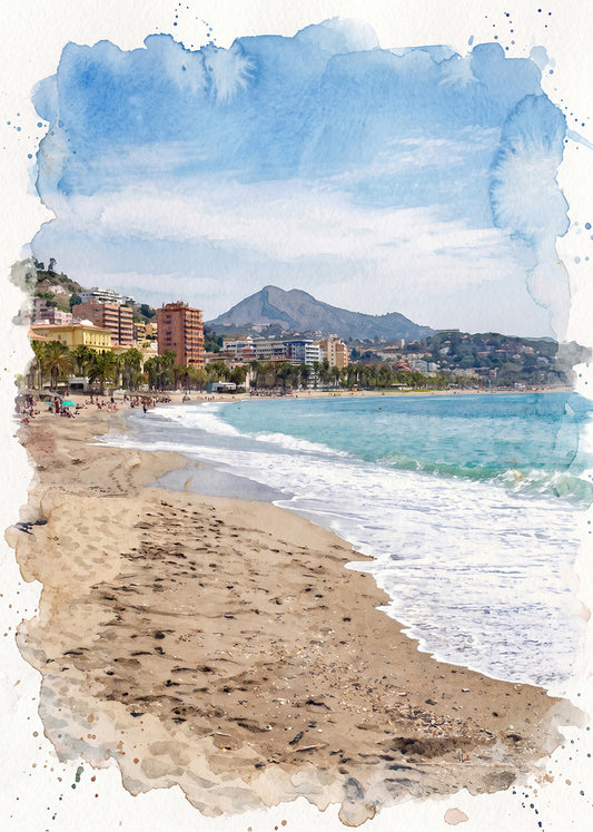 Cuadro Playa de La Malagueta de Málaga efecto acuarela