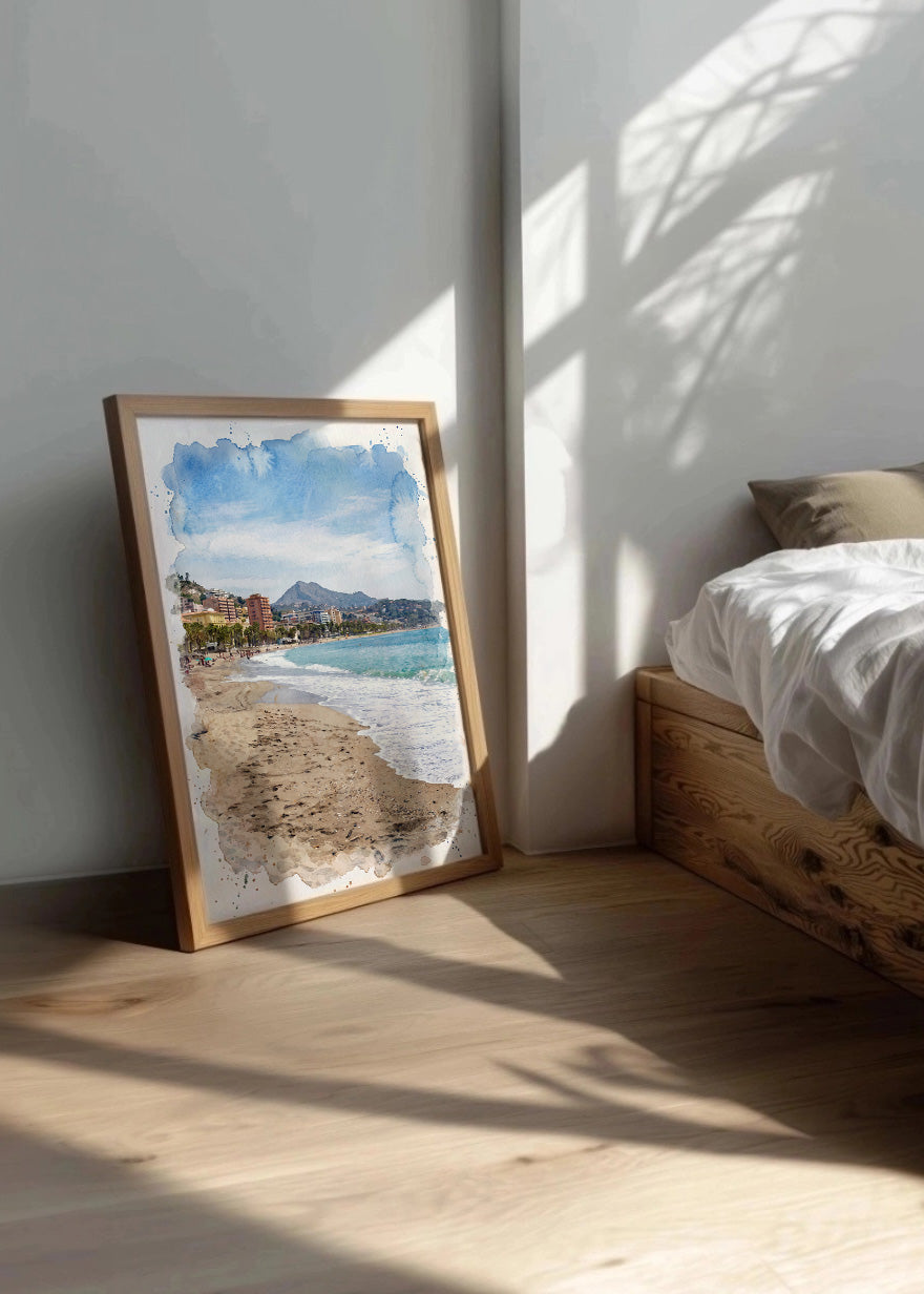 Cuadro Playa de La Malagueta de Málaga efecto acuarela