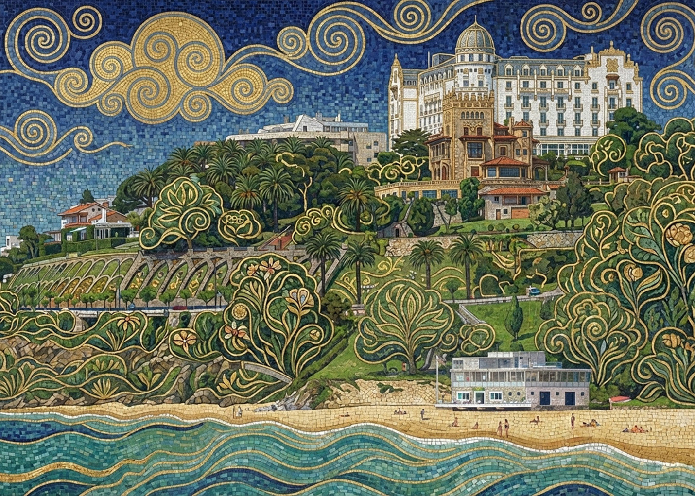 Cuadro Playa de Peligros y Hotel Real - Art Nouveau