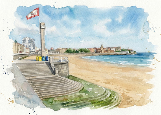 Cuadro Playa de San Lorenzo de Gijón estilo acuarela