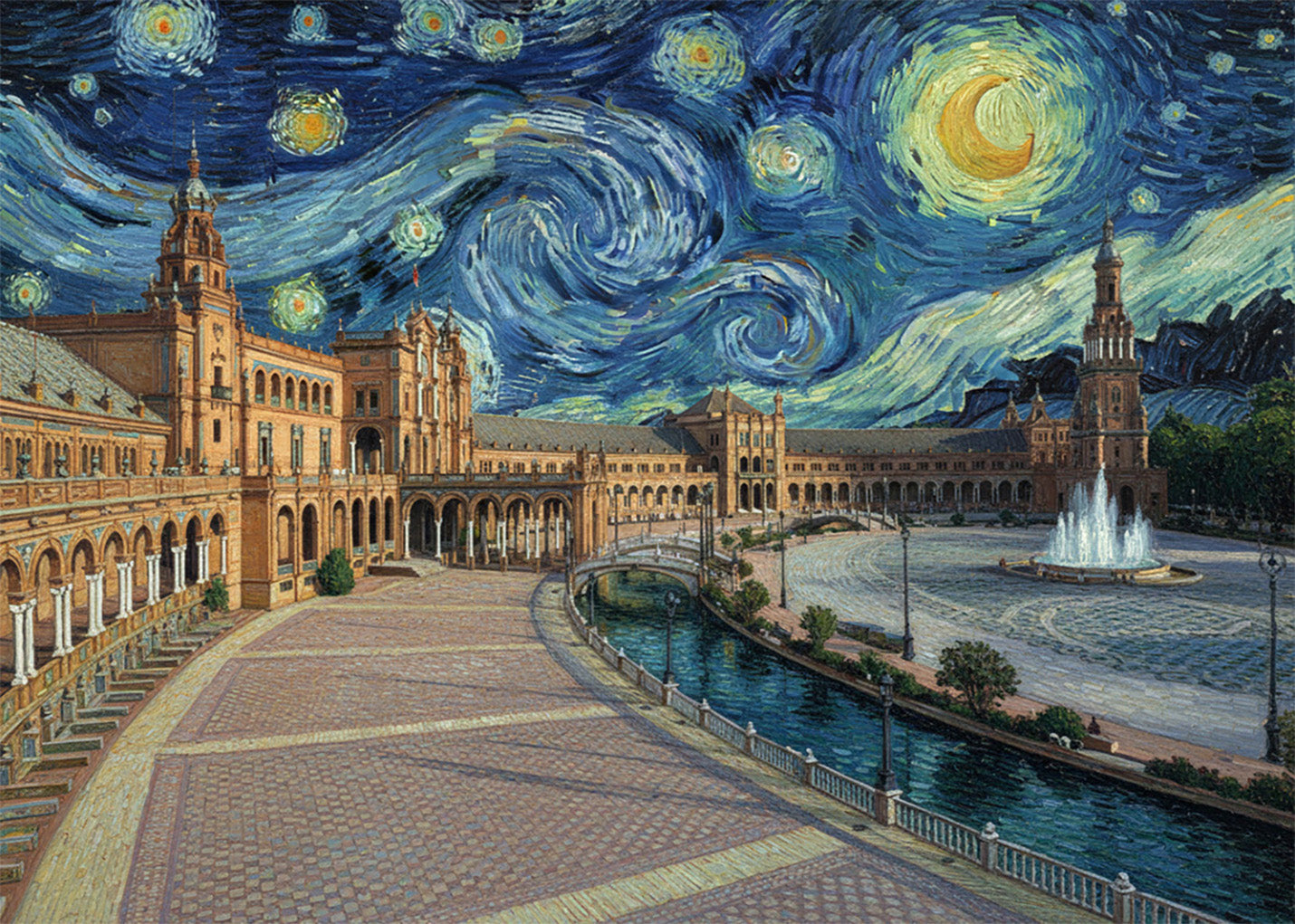 Cuadro Plaza España de Sevilla - Noche Estrellada