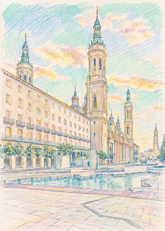 Cuadro Plaza de Nuestra Señora del Pilar en Zaragoza efecto dibujo