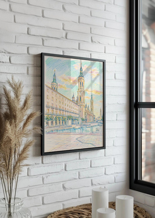 Cuadro Plaza de Nuestra Señora del Pilar en Zaragoza efecto dibujo