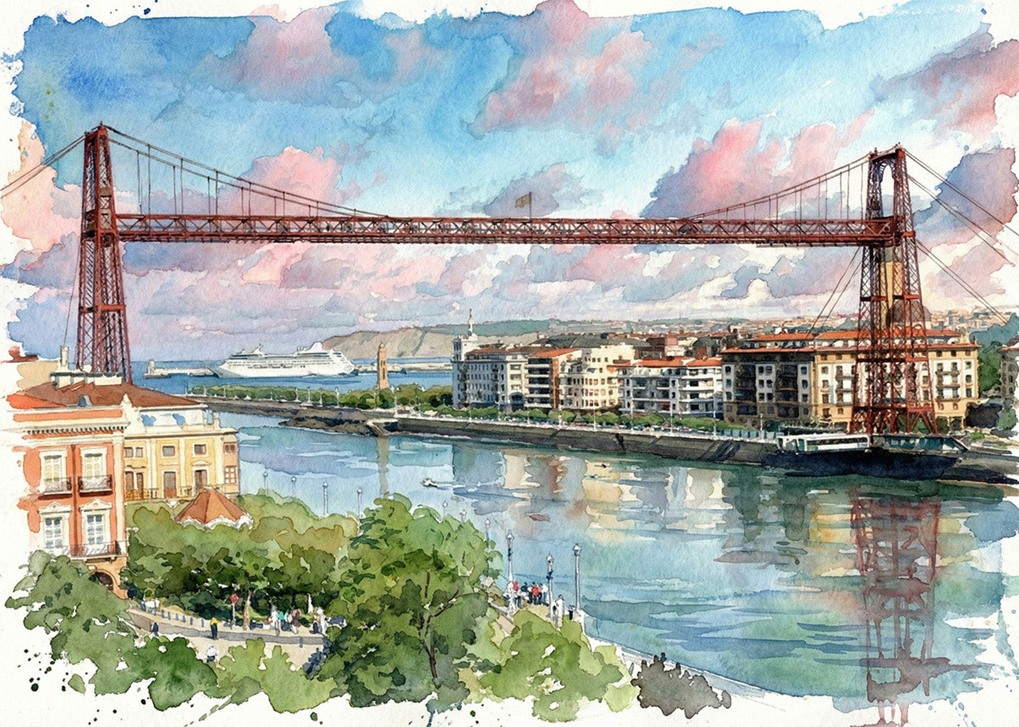 Cuadro Puente de Vizcaya estilo acuarela