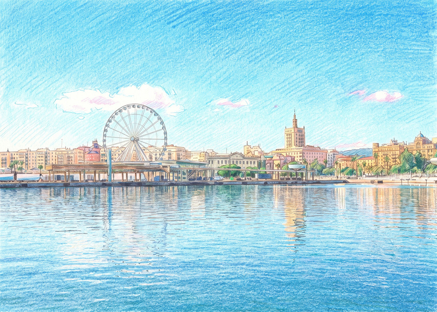 Cuadro Puerto de Málaga,  Muelle Uno efecto dibujo