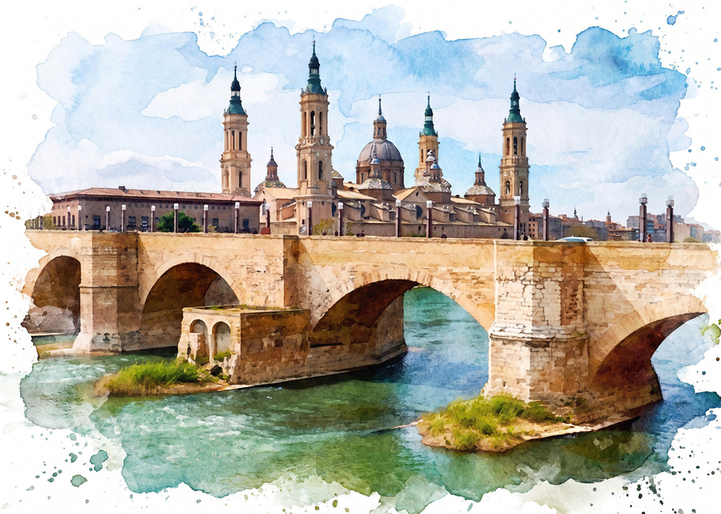 Cuadro Río Ebro y El Pilar de fondo efecto acuarela
