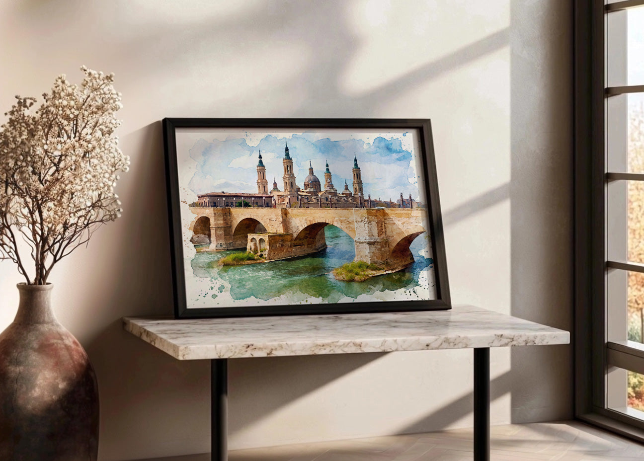 Cuadro Río Ebro y El Pilar de fondo efecto acuarela