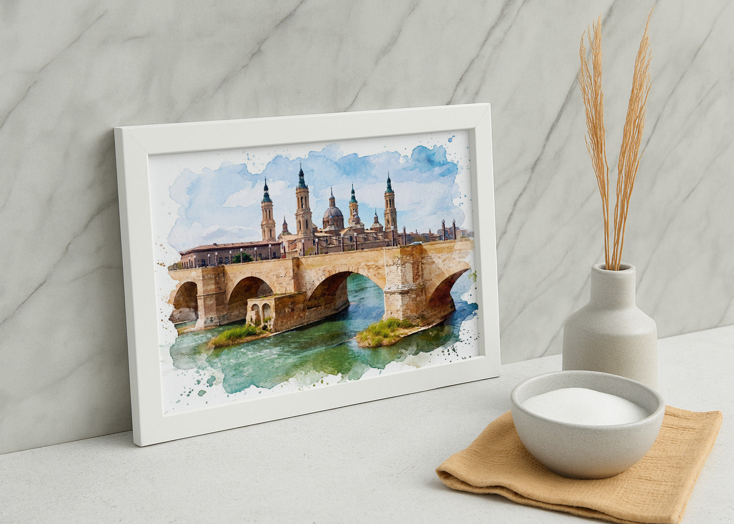Cuadro Río Ebro y El Pilar de fondo efecto acuarela