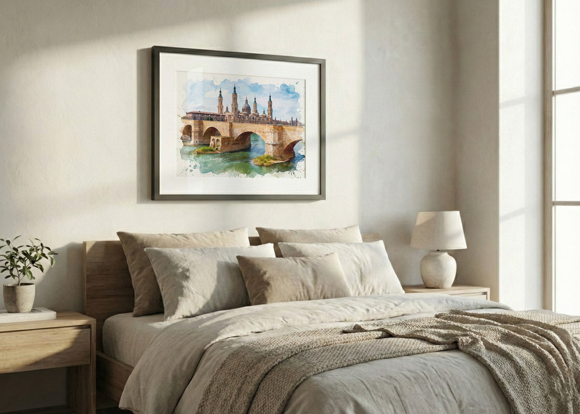 Cuadro Río Ebro y El Pilar de fondo efecto acuarela