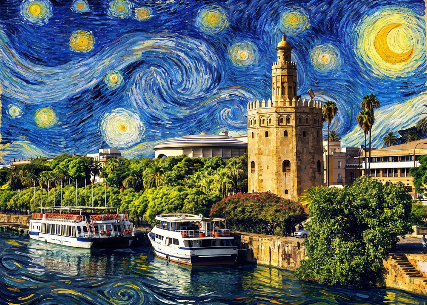 Cuadro Río de Sevilla y Torre del Oro - Noche Estrellada