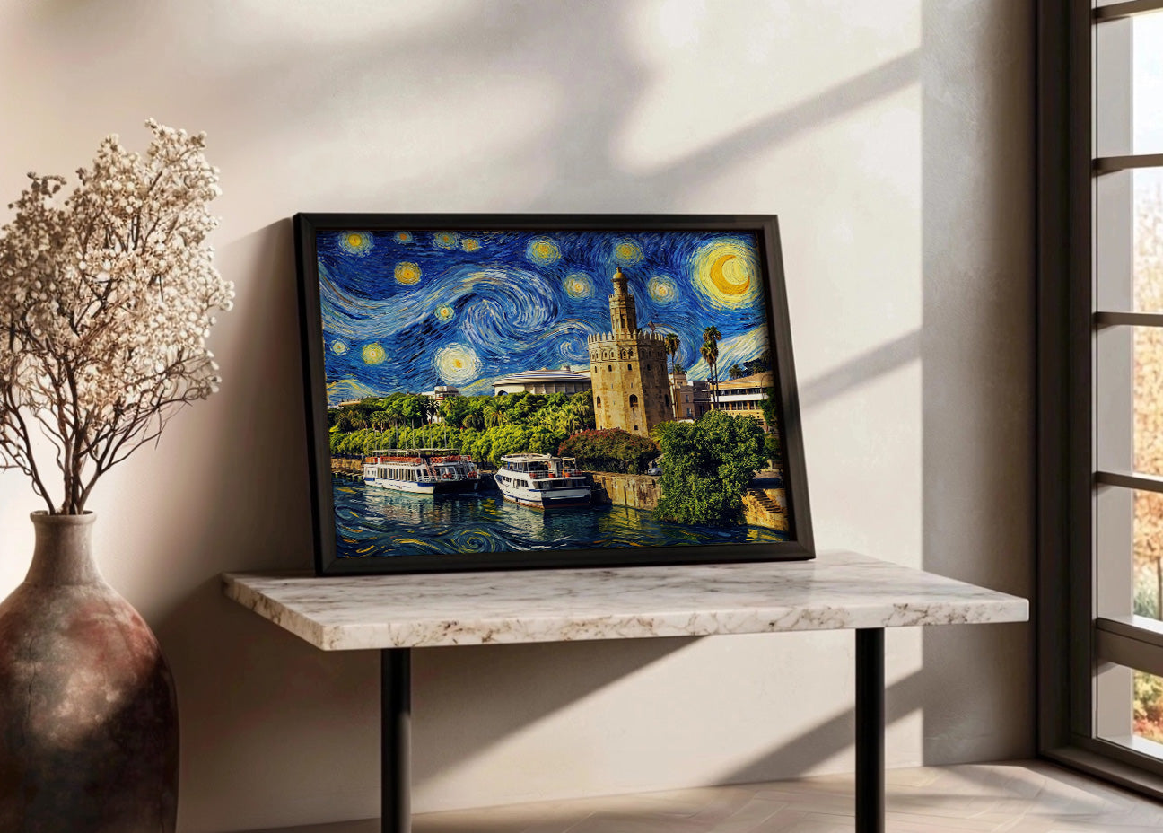 Cuadro Río de Sevilla y Torre del Oro - Noche Estrellada