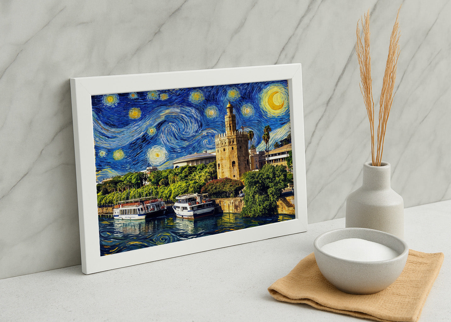 Cuadro Río de Sevilla y Torre del Oro - Noche Estrellada