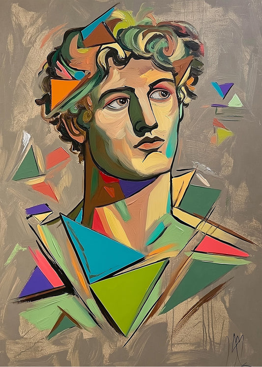 Cuadro ​Rostro geométrico griego con fondo ocre