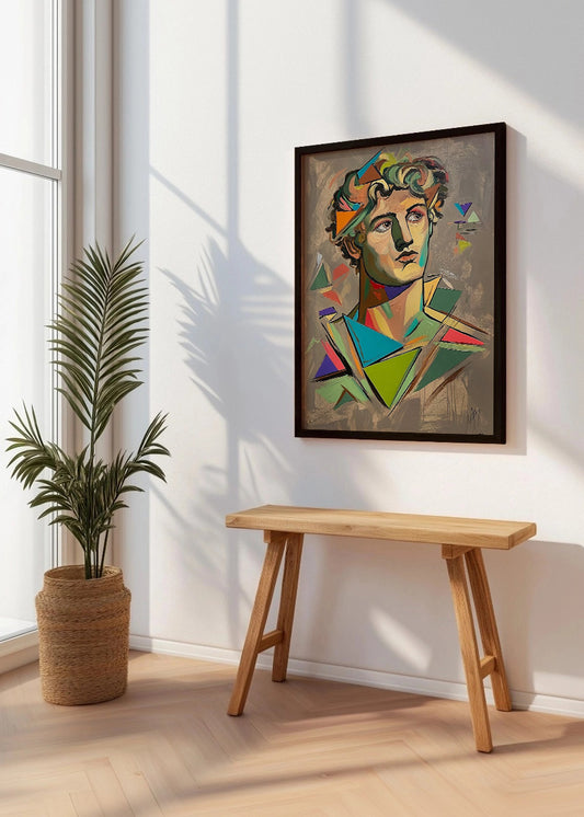 Cuadro ​Rostro geométrico griego con fondo ocre