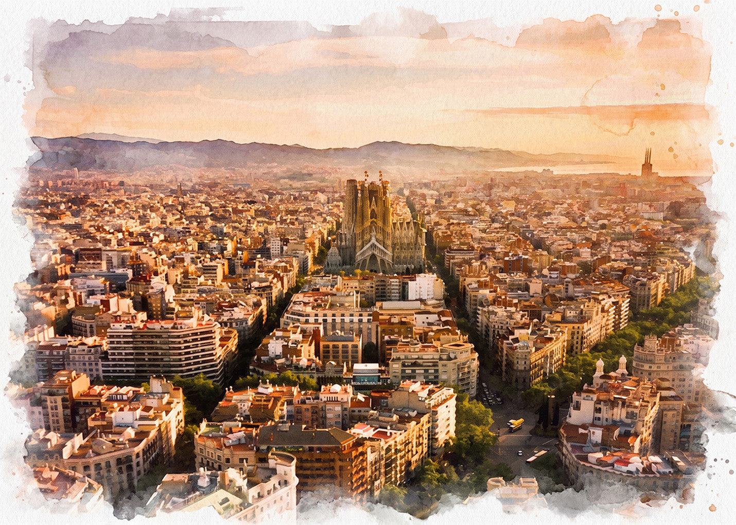 Cuadro Sagrada Familia y L Eixample efecto acuarela