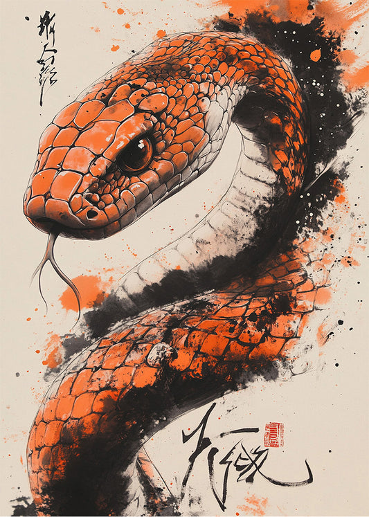 Cuadro ​Serpiente estilo japonés en color naranja
