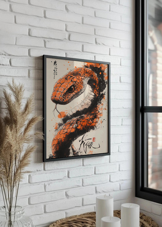 Cuadro ​Serpiente estilo japonés en color naranja