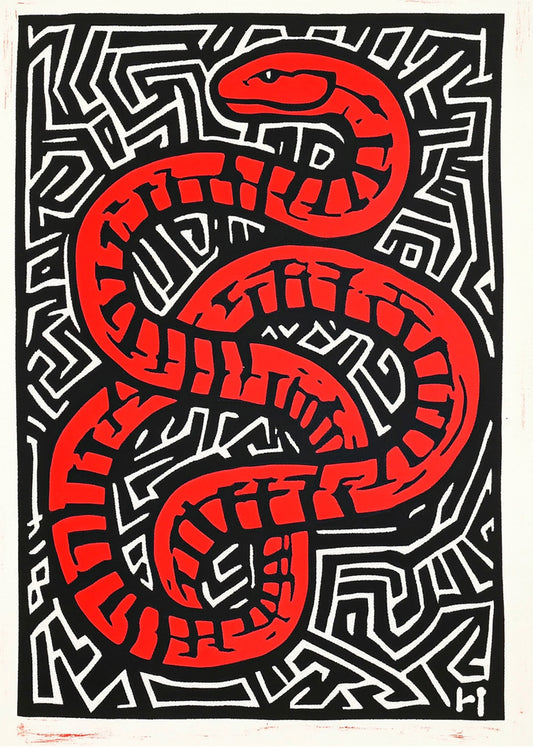 Cuadro ​Serpiente roja sobre estampado blanco y negro