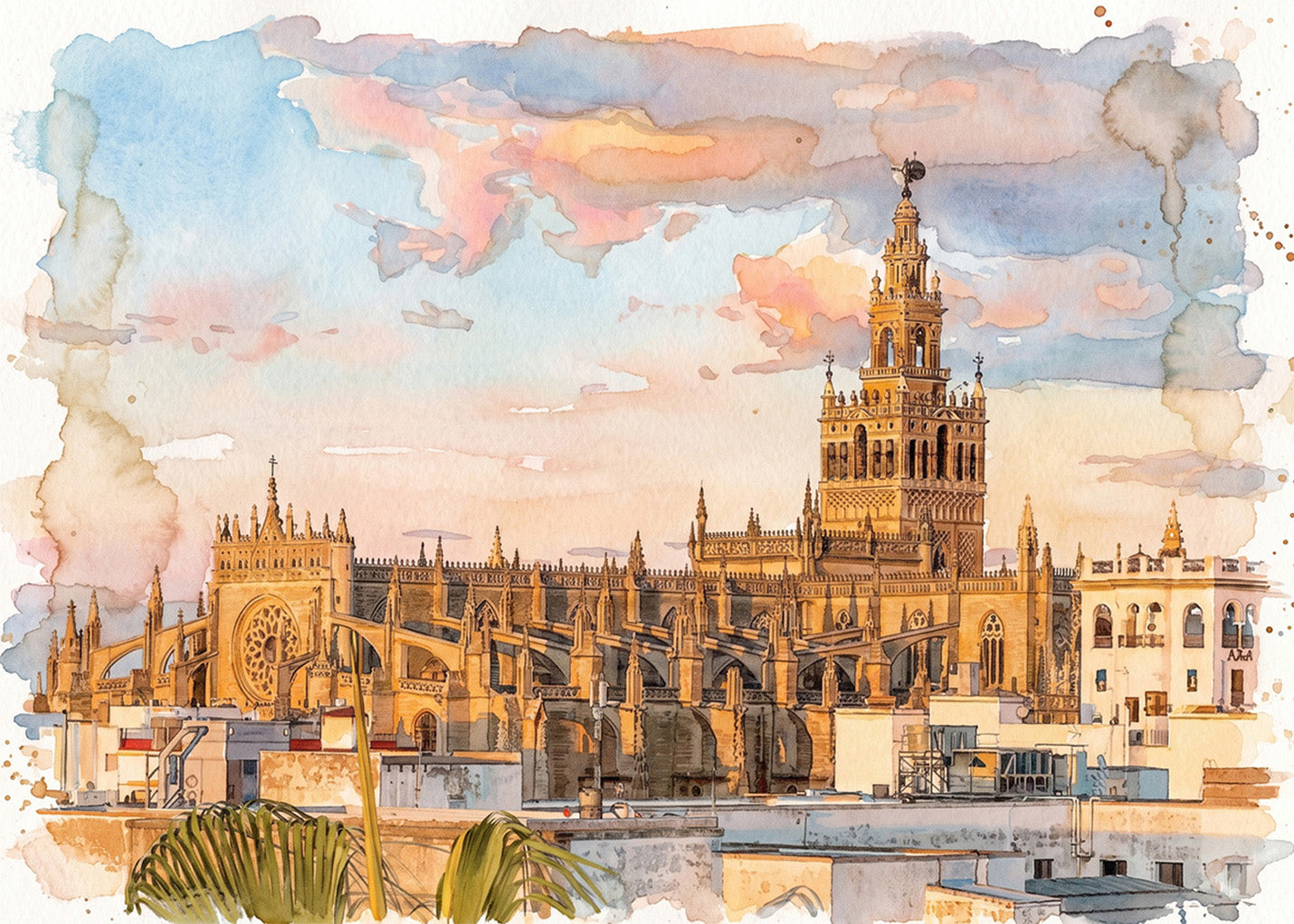 Cuadro Sevilla Catedral y Giralda estilo acuarela