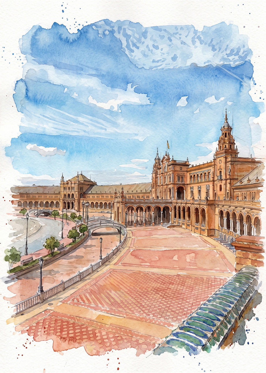 Cuadro Sevilla y Plaza España estilo acuarela