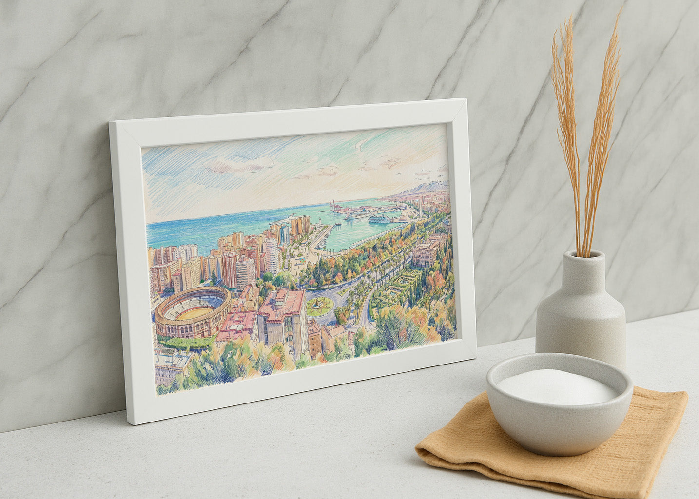 Cuadro Skyline de Málaga efecto dibujo