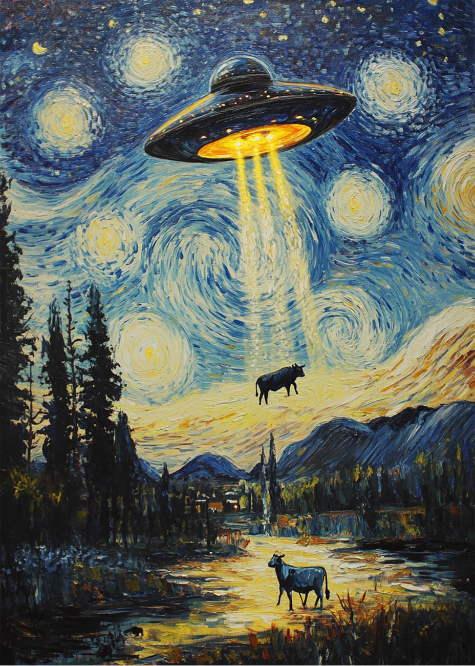 Cuadro ​Vacas abducidas por ovni estilo Van Gogh