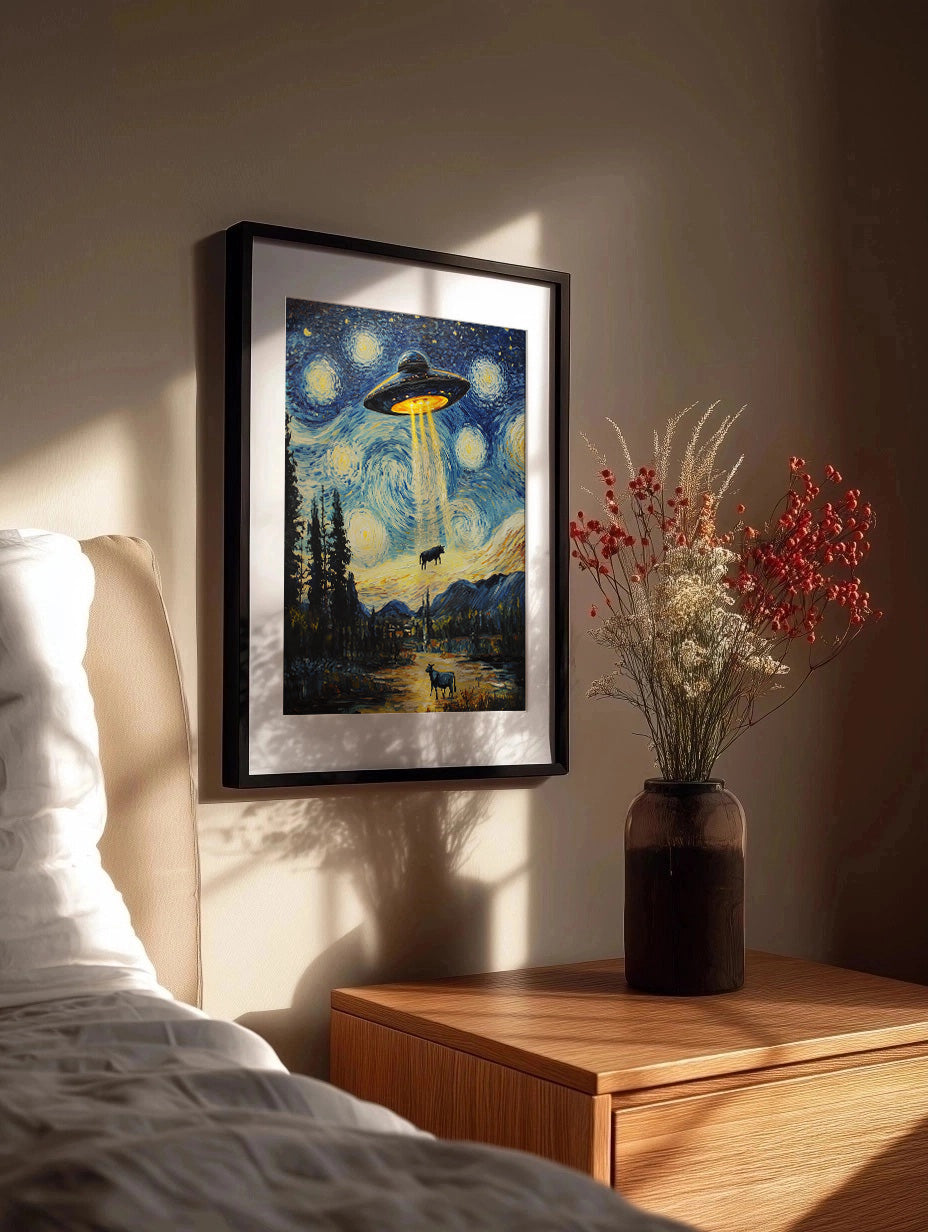Cuadro ​Vacas abducidas por ovni estilo Van Gogh