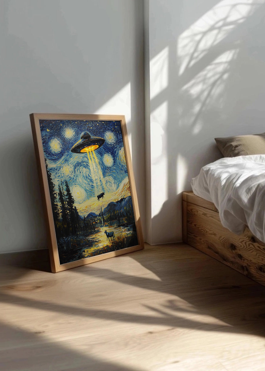 Cuadro ​Vacas abducidas por ovni estilo Van Gogh