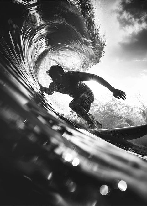 Surfista tomando gran ola en blanco y negro
