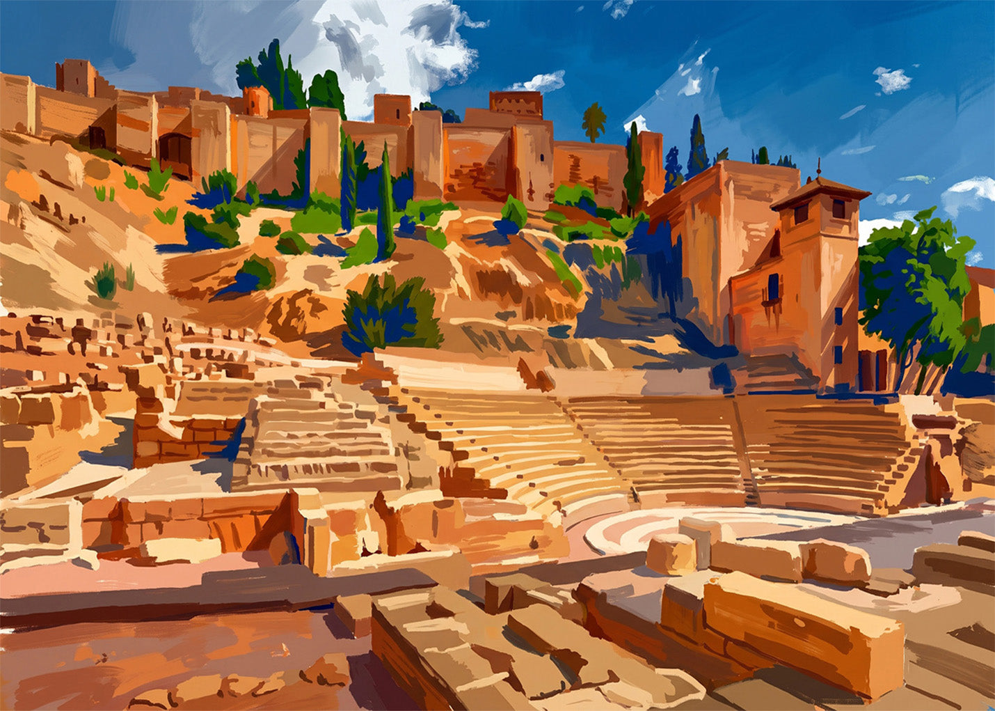 Cuadro Teatro Romano en Málaga - Gouache