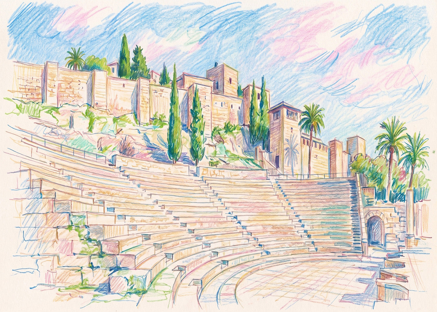Cuadro Teatro romano en la Alcazaba efecto dibujo