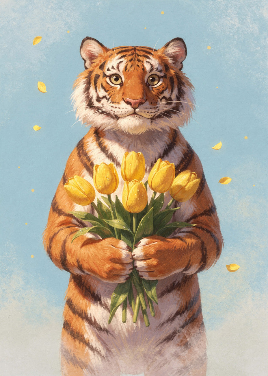 Cuadro Tigre con ramo de flores