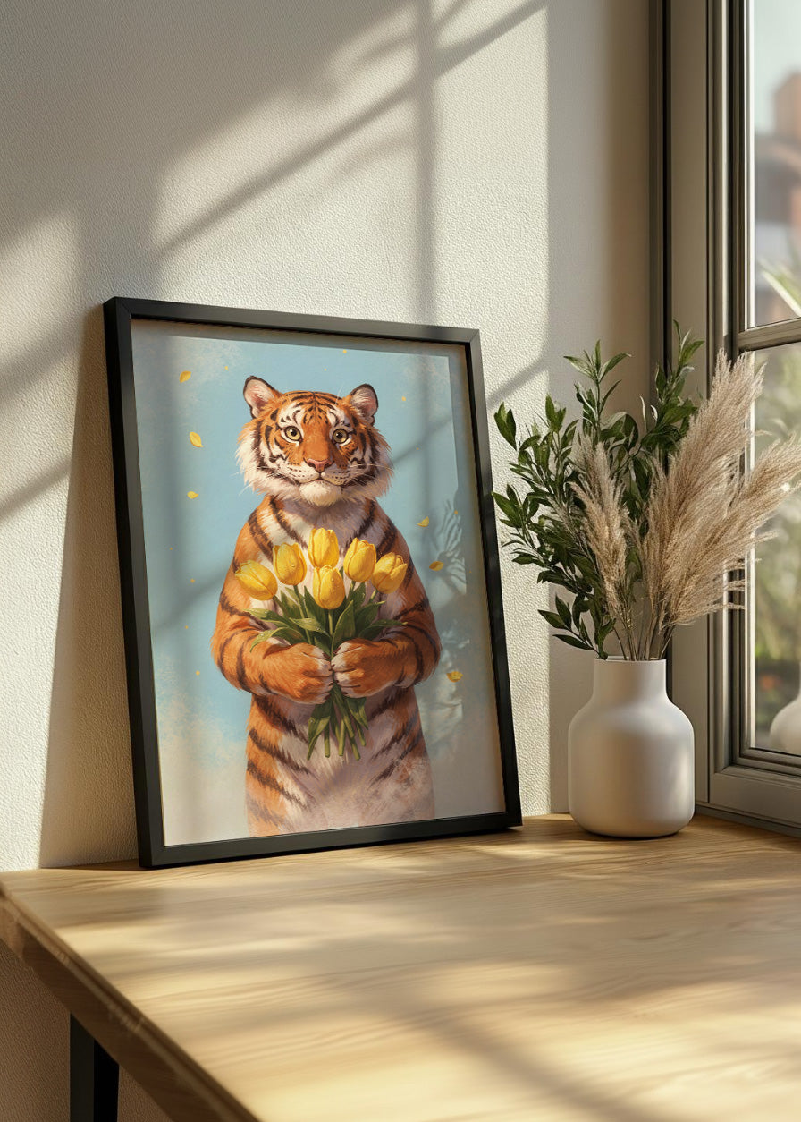 Cuadro Tigre con ramo de flores