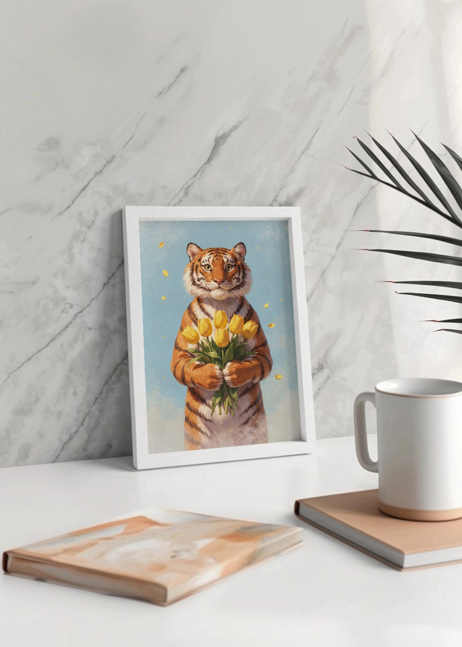 Cuadro Tigre con ramo de flores