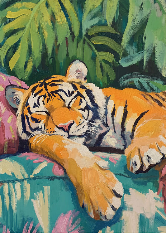 Cuadro ​Tigre durmiendo sobre cojines pastel