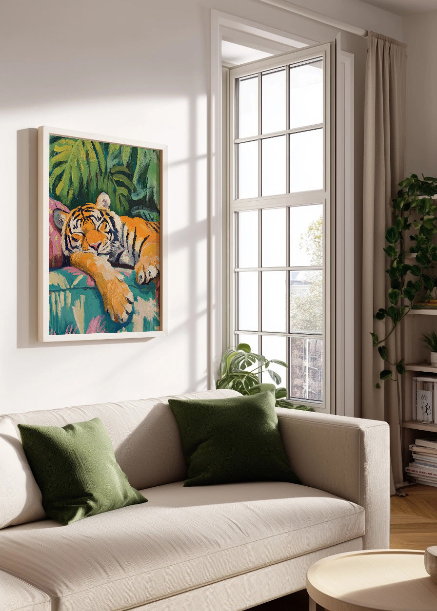 Cuadro ​Tigre durmiendo sobre cojines pastel