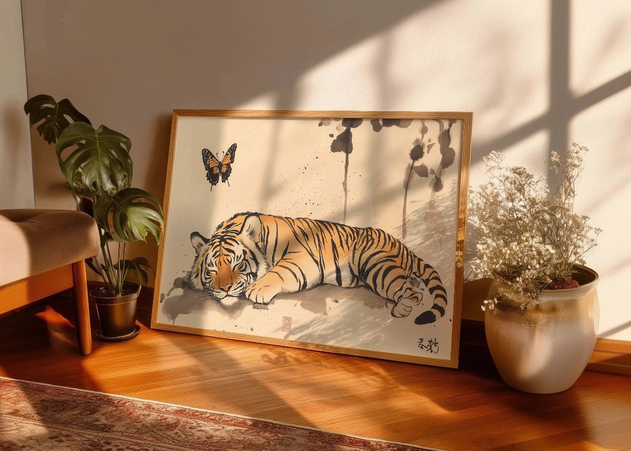 Cuadro ​Tigre japonés con mariposas