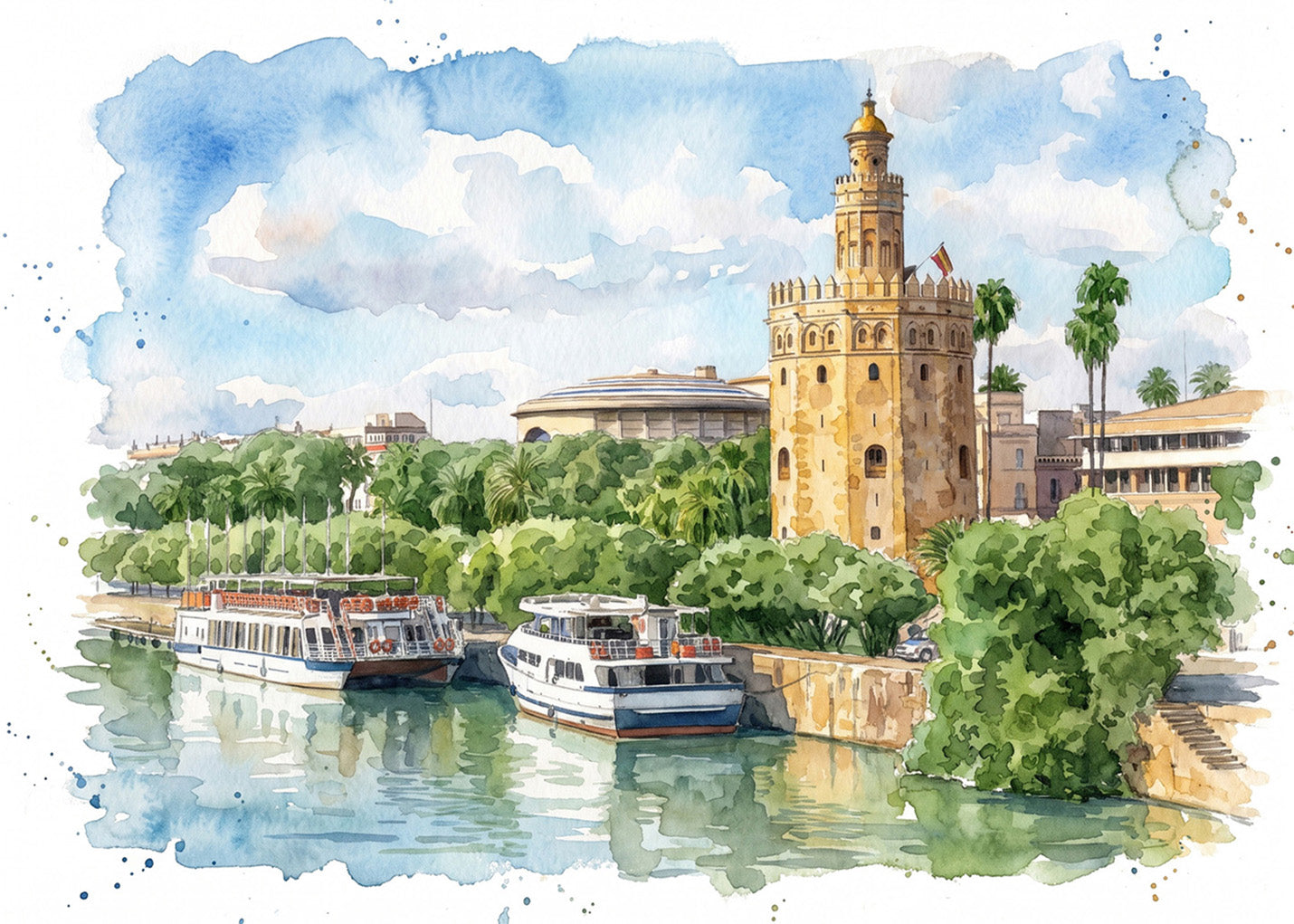 Cuadro Torre del Oro de Sevilla estilo acuarela