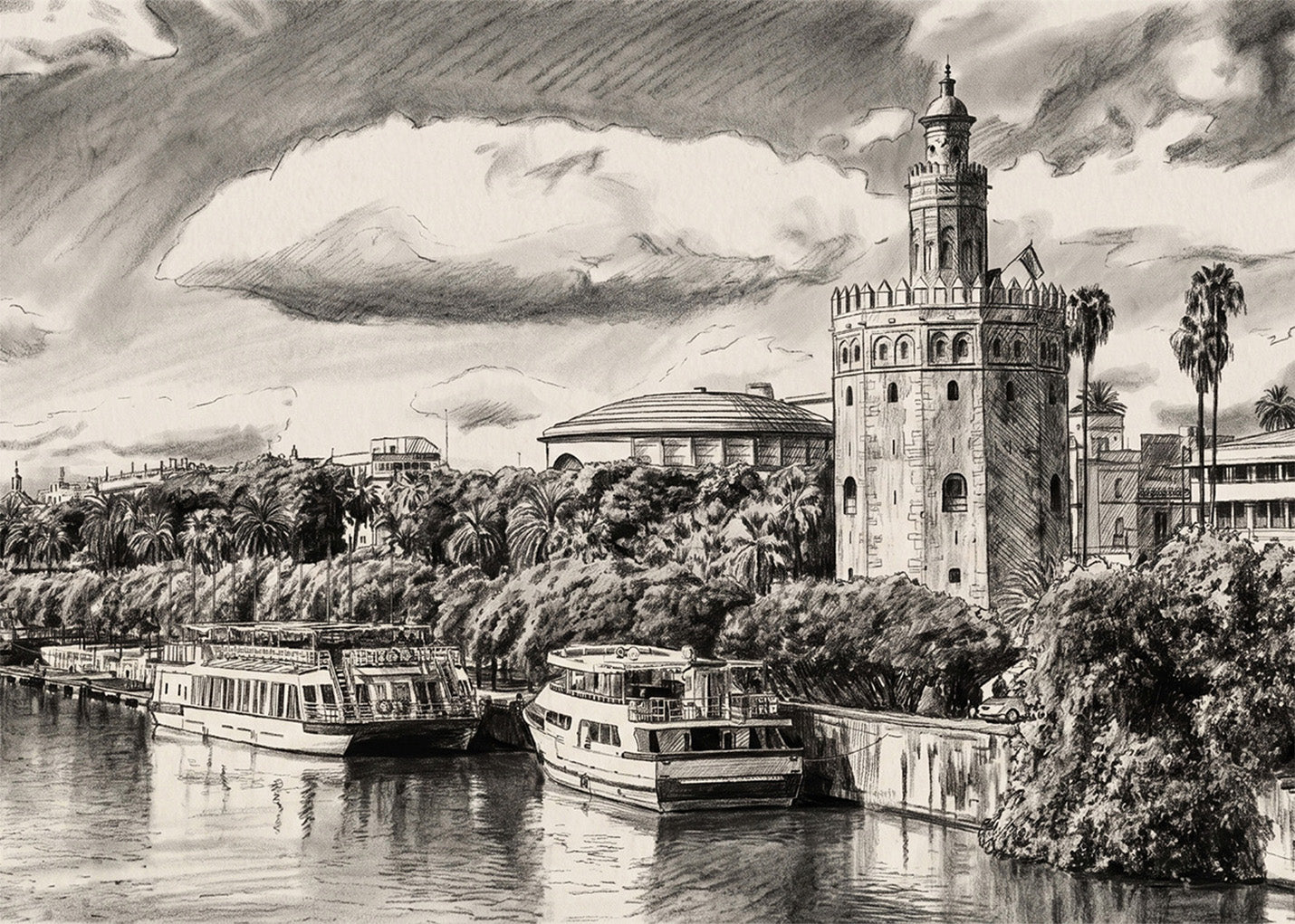 Cuadro Torre del Oro y el río Guadalquivir estilo lápiz