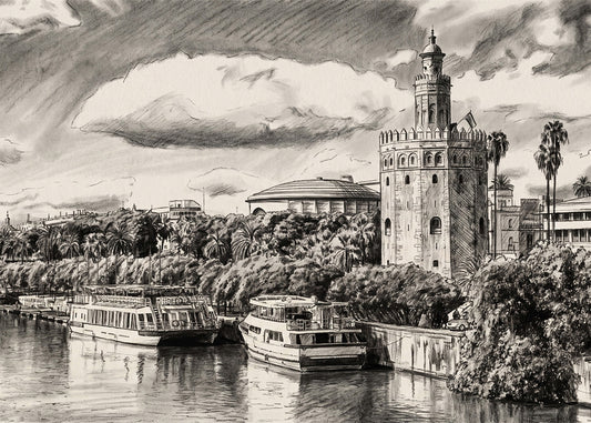 Cuadro Torre del Oro y el río Guadalquivir estilo lápiz