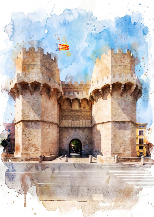Cuadro Torres de Serranos en Valencia efecto acuarela