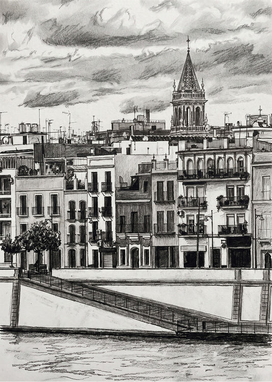 Cuadro Triana y Calle Betis en Sevilla estilo lápiz