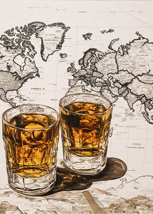 Cuadro ​Vasos de whisky sobre el mapa del mundo