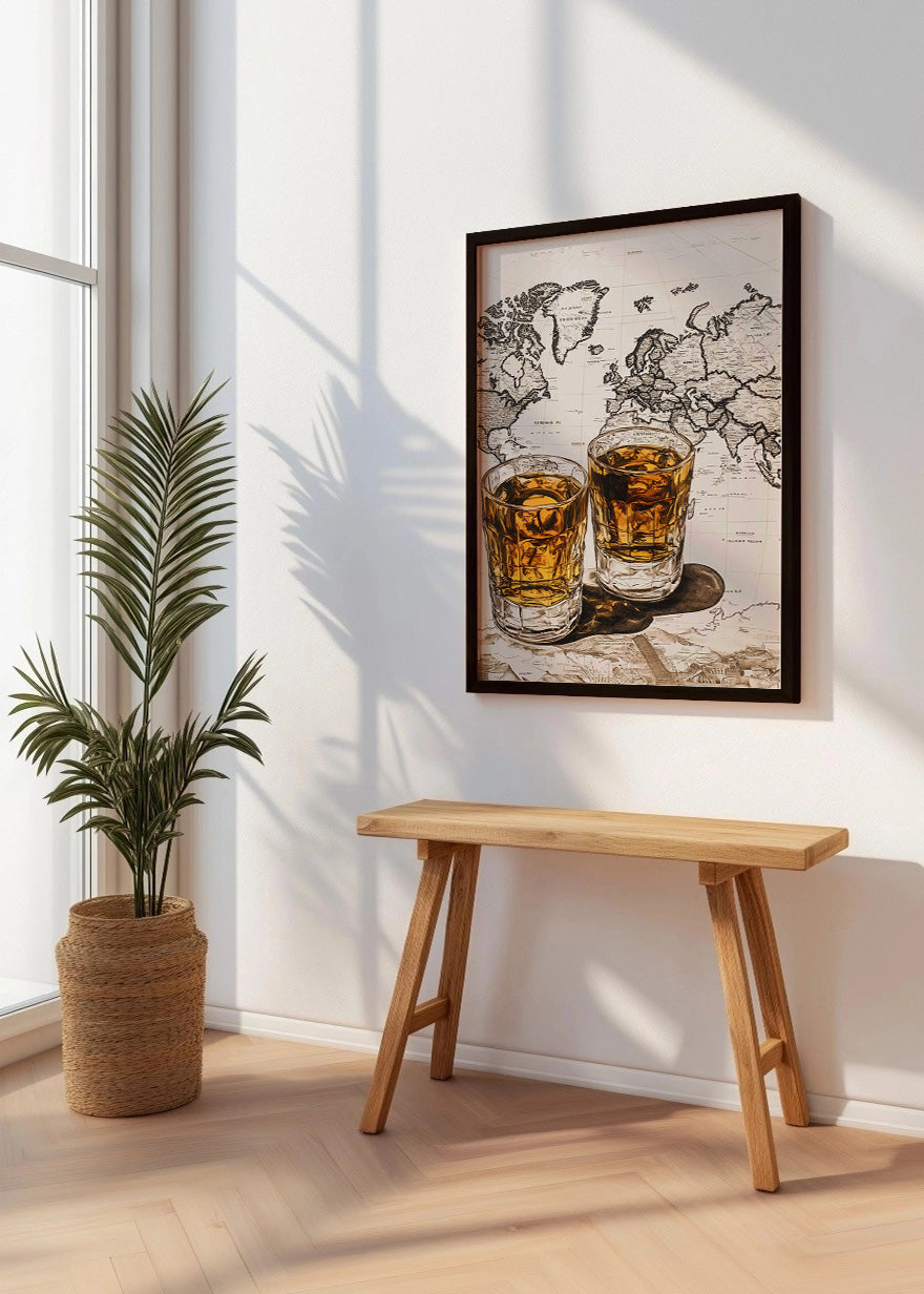 Cuadro ​Vasos de whisky sobre el mapa del mundo
