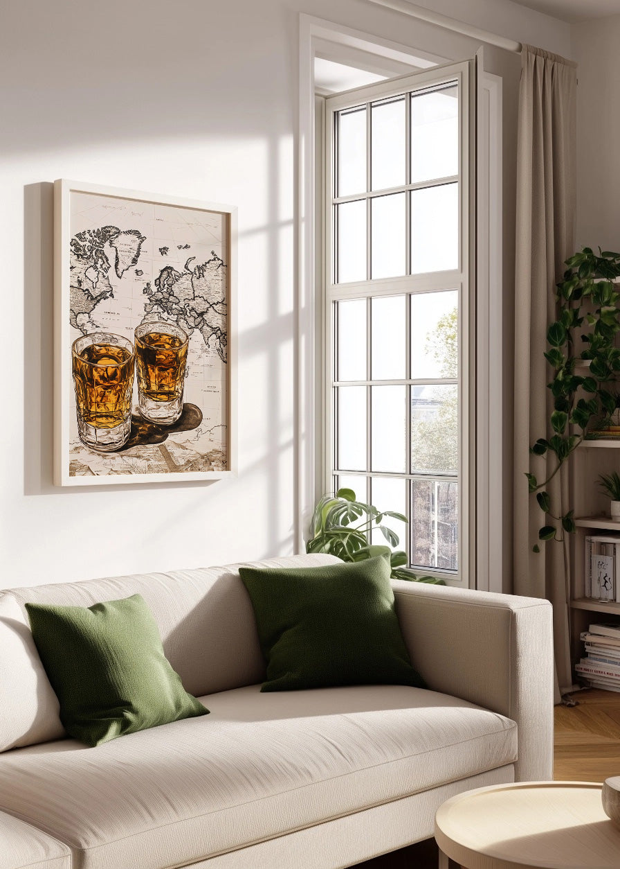 Cuadro ​Vasos de whisky sobre el mapa del mundo
