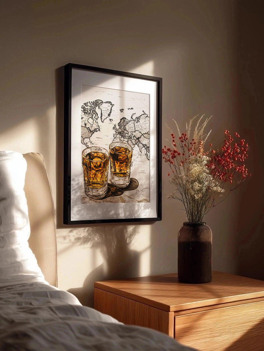 Cuadro ​Vasos de whisky sobre el mapa del mundo