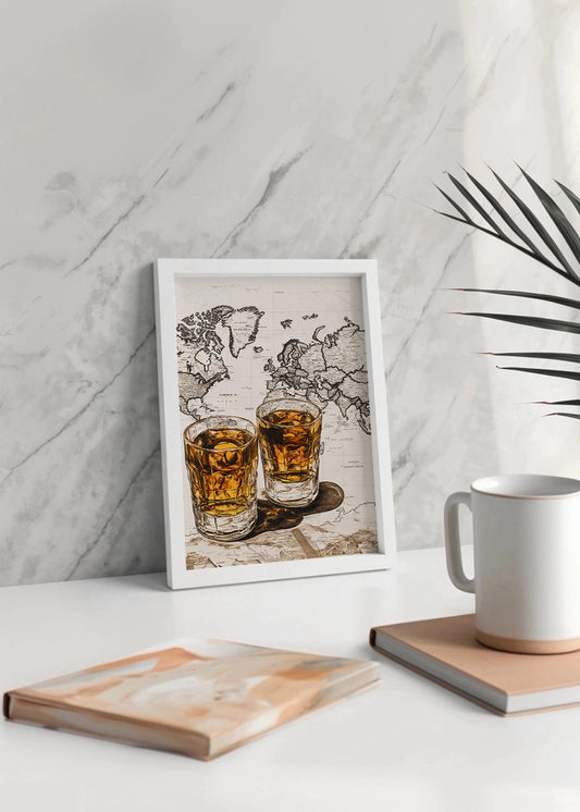 Cuadro ​Vasos de whisky sobre el mapa del mundo